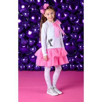 Girls Grey & Pink Logo Tulle Dress