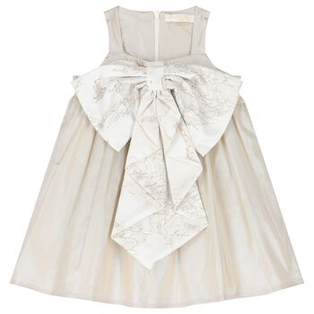 Girls Metallic Gold & White Geo Map Bow Dress