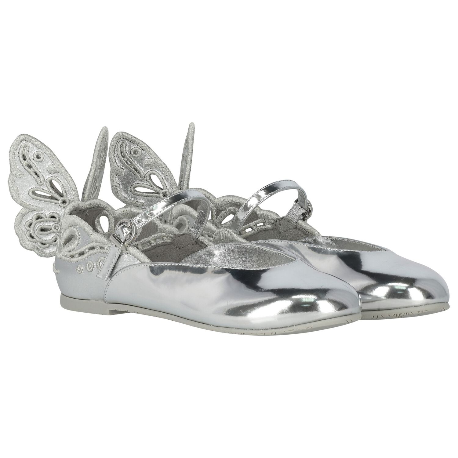 Girls Silver Butterfly Leather Shoes, 1, hi-res image number null