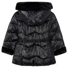 Girls Black Hooded Puffer Coat, 2, hi-res