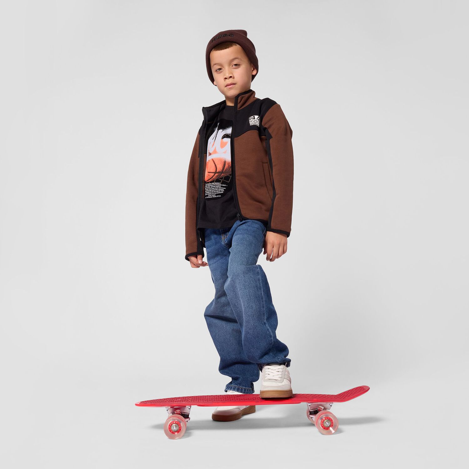 Boys Brown & Black Logo Zip Up Top, 1, hi-res
