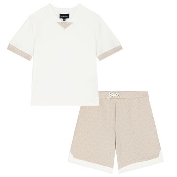 Boys Ivory & Beige Logo Shorts Set