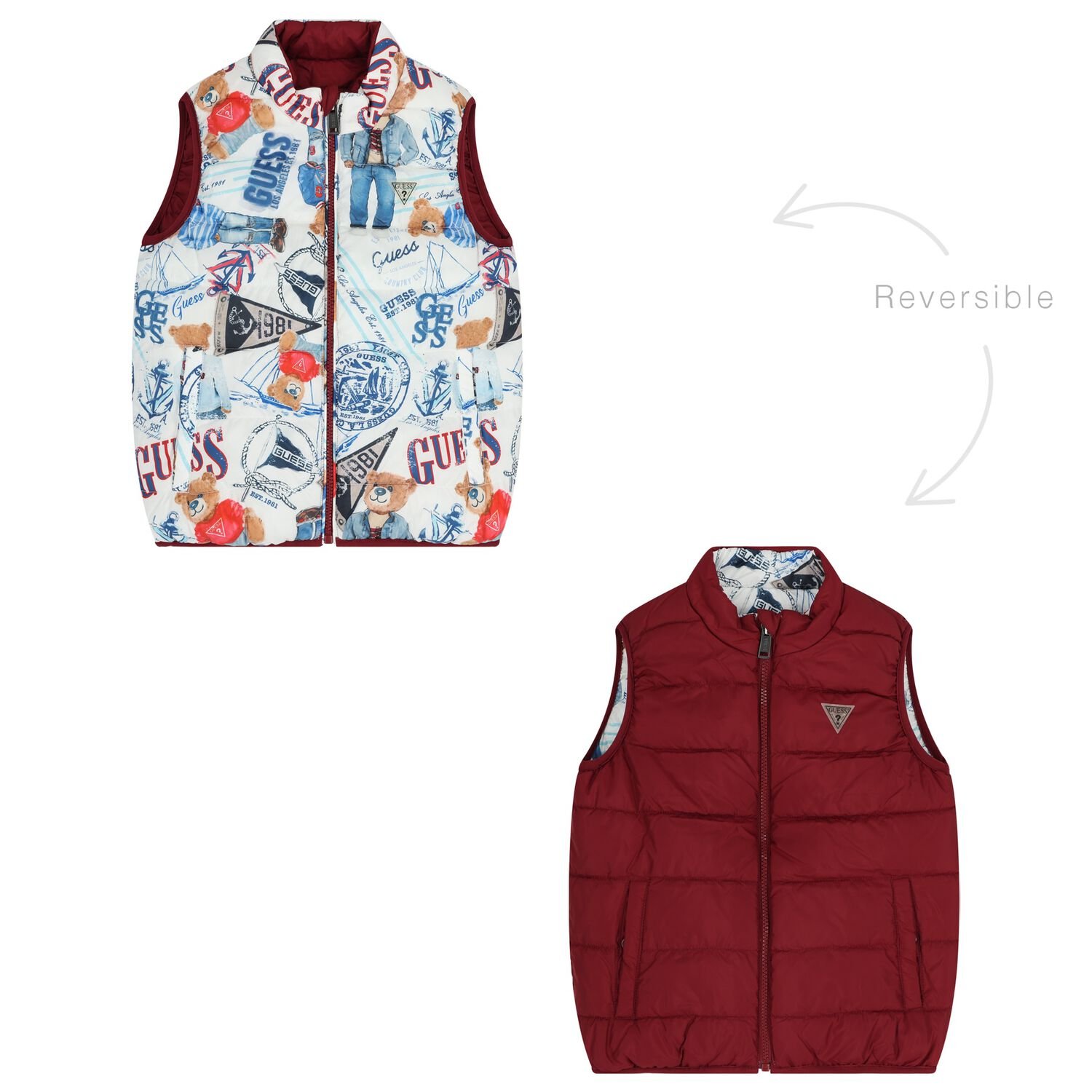 Boys White, Blue & Burgundy Reversible Gilet, 1, hi-res