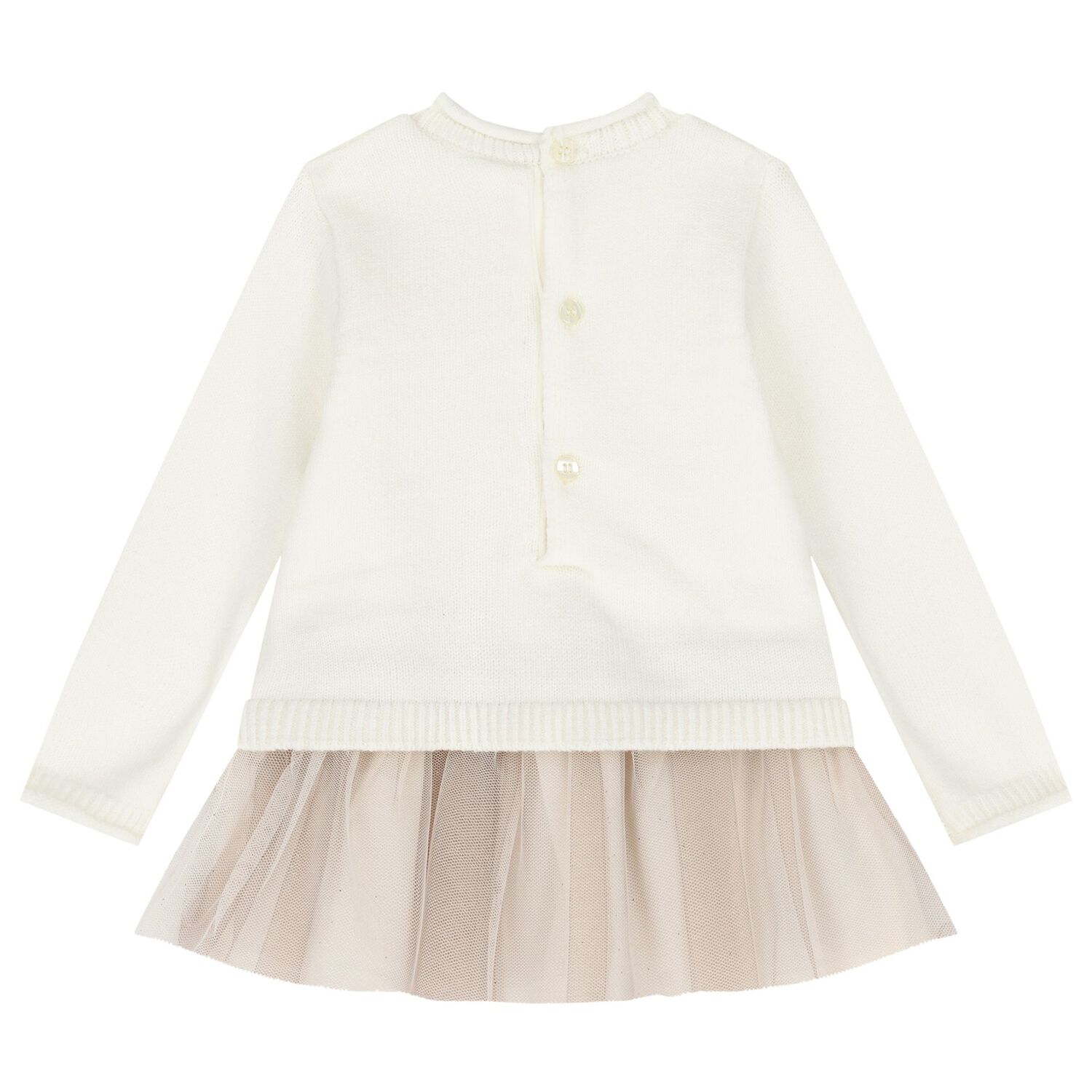 Baby Girls Ivory & Beige Knit & Tulle Flower Dress, 1, hi-res