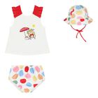 Baby Girls White & Red Swimsuit Set with Hat, 1, hi-res