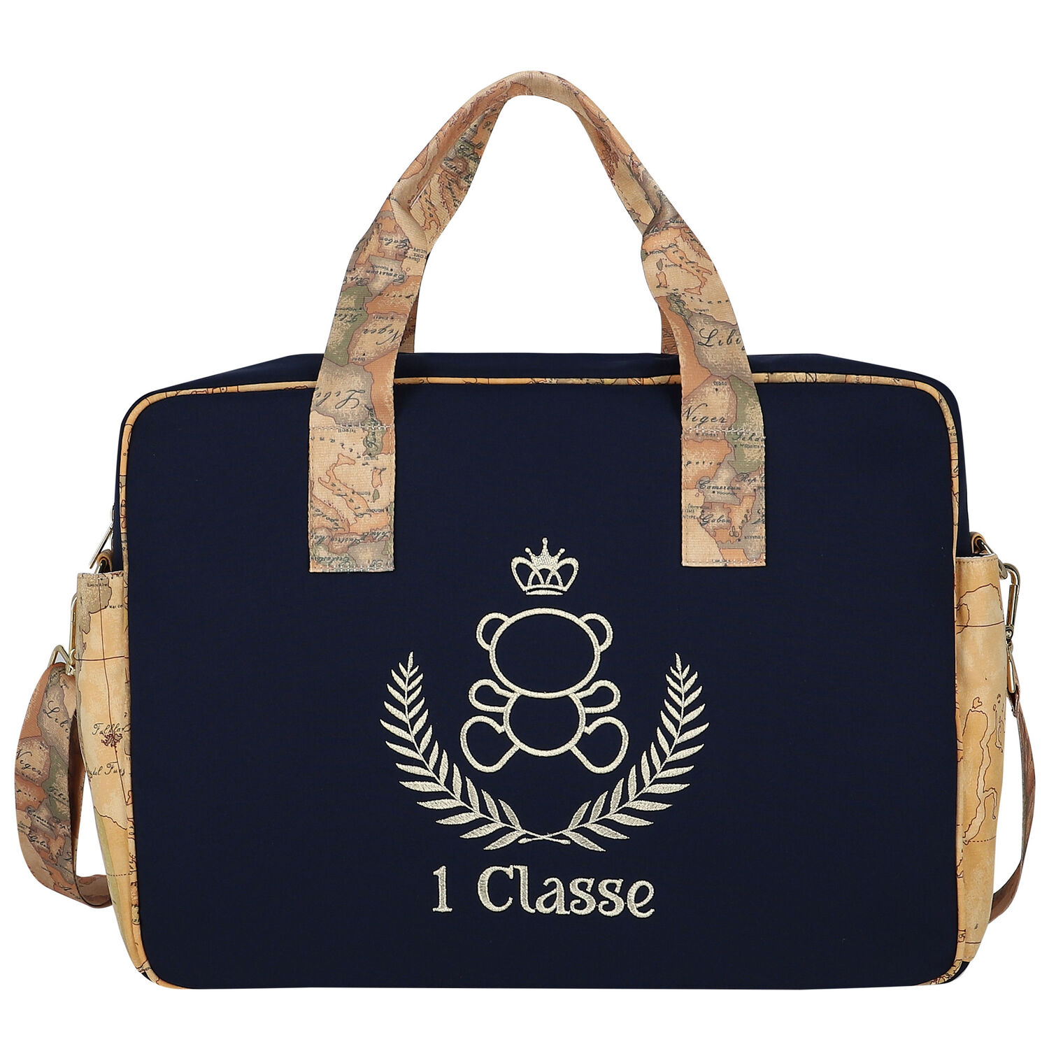 Navy Blue & Beige Geo Map Bear Baby Changing Bag, 2, hi-res