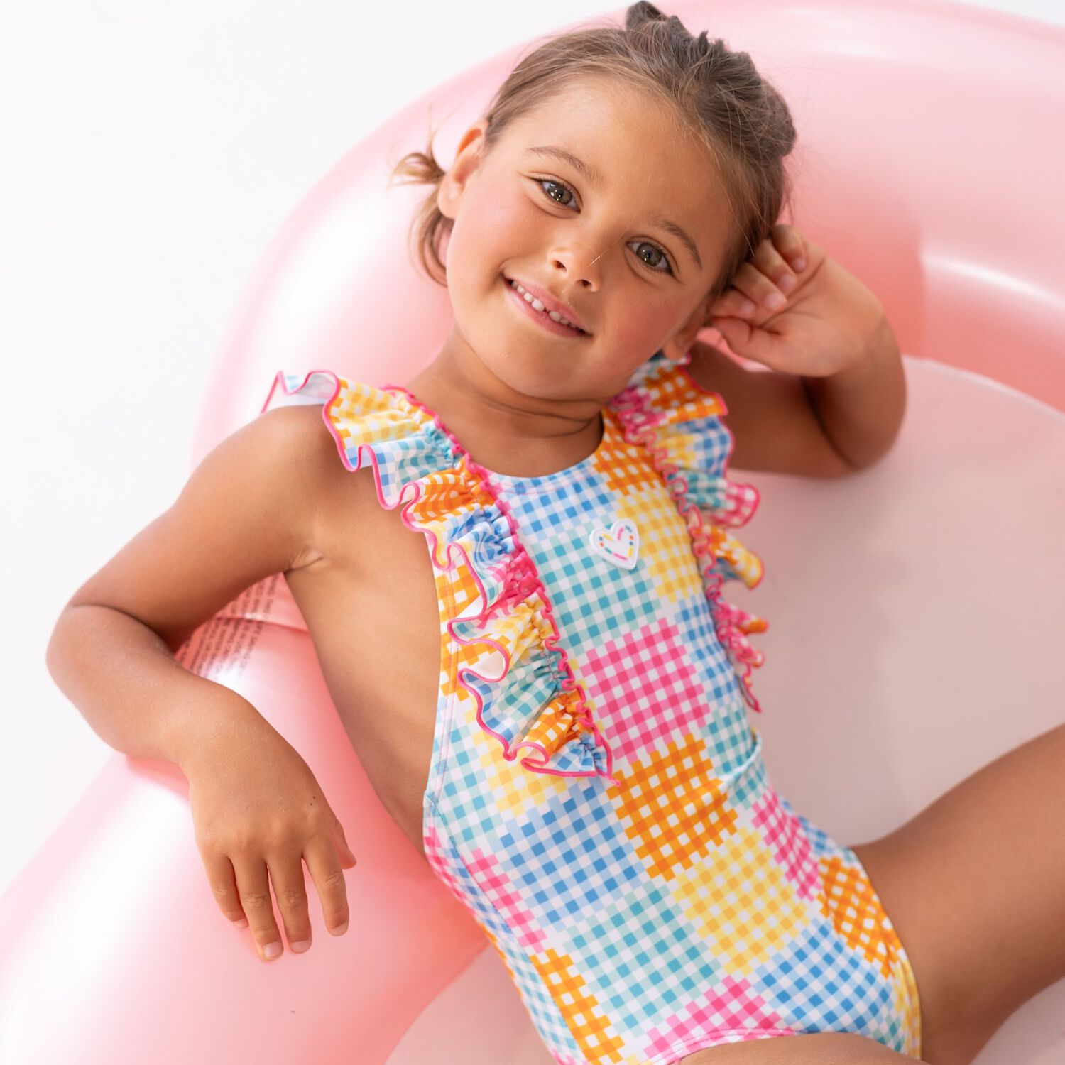 Girls Multi-Color Gingham Swimsuit, 1, hi-res