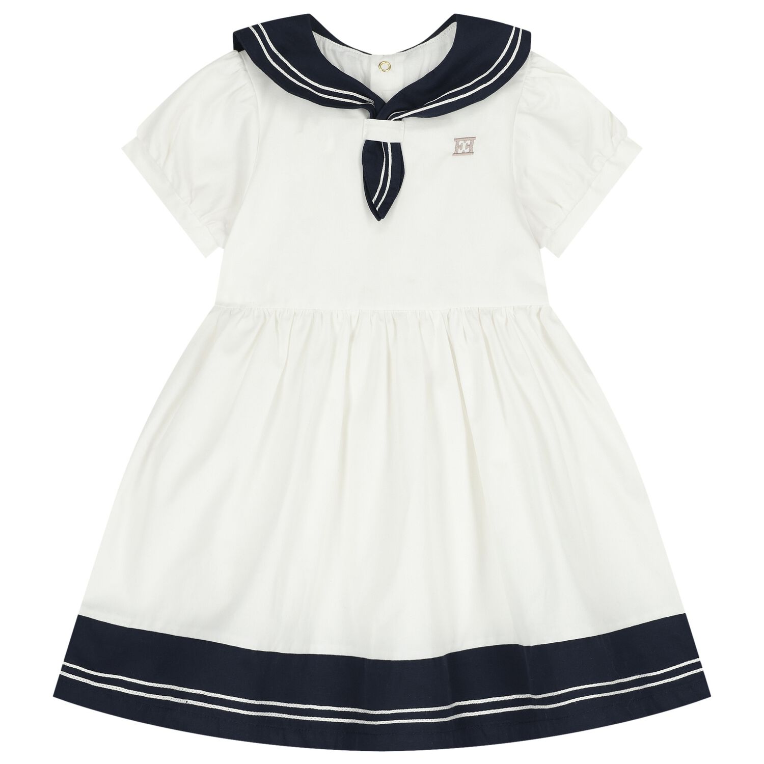 Younger Girls White & Navy Blue Logo Dress, 1, hi-res