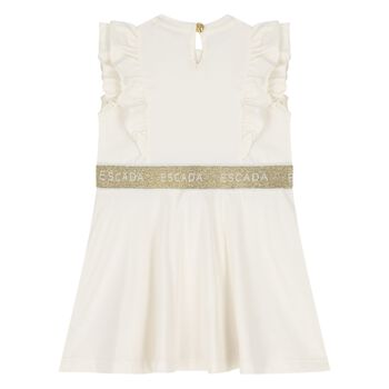 Younger Girls Ivory & Gold Ruffled Logo Dress