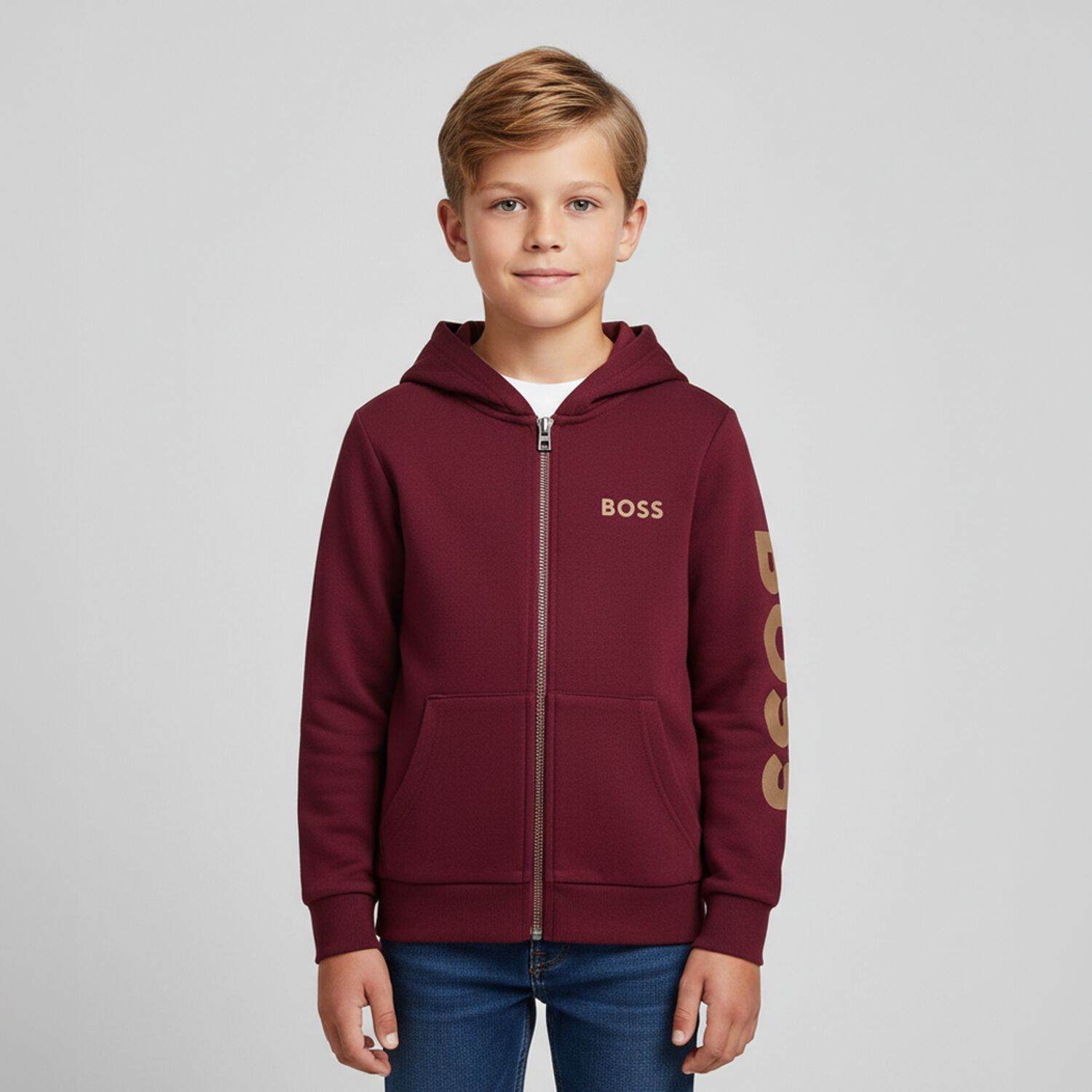 Boys Burgundy Logo Hooded Zip Up Top, 1, hi-res
