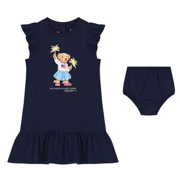 Baby Girls Navy Blue Polo Bear Dress Set