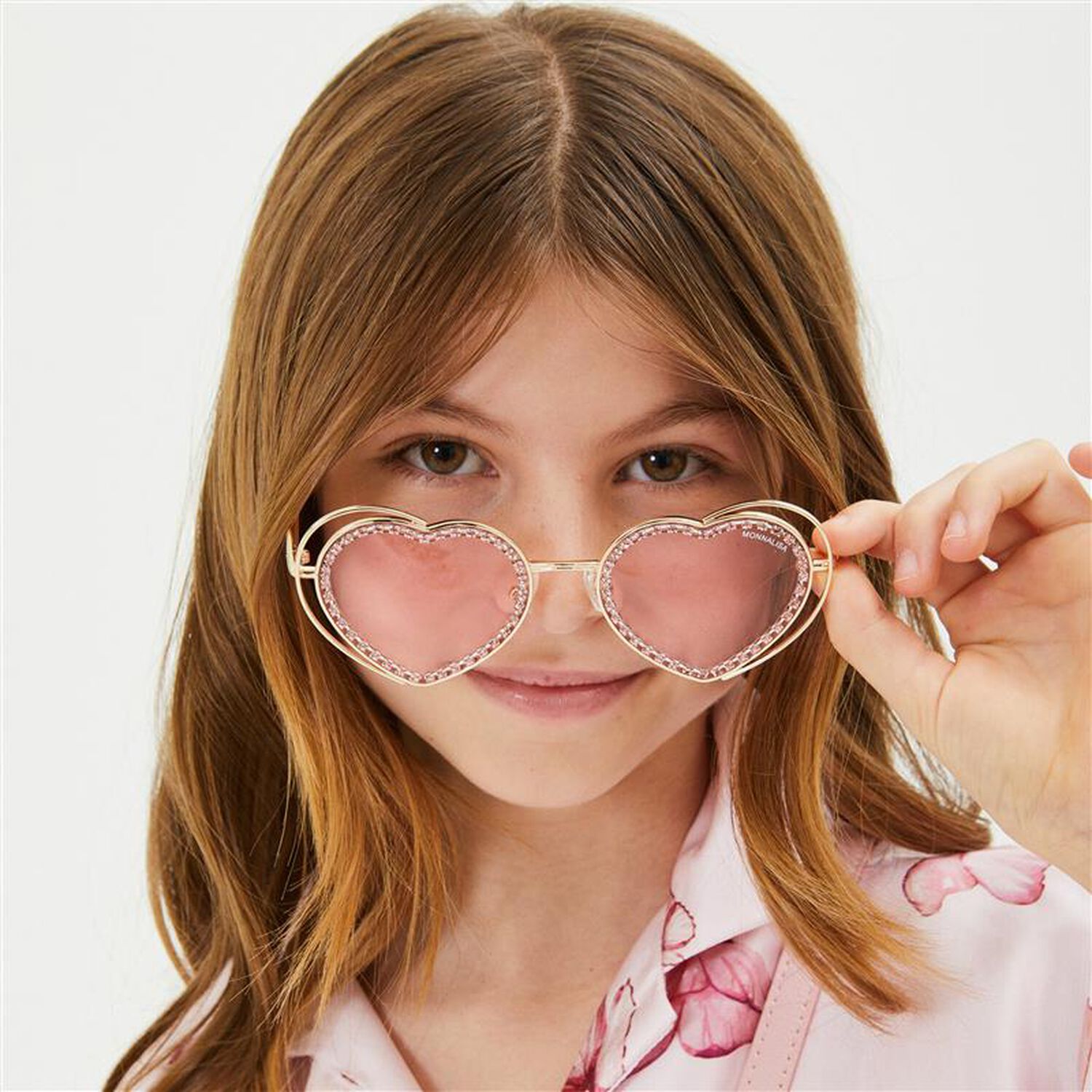 Girls Pink & Gold Heart Diamante Sunglasses, 1, hi-res