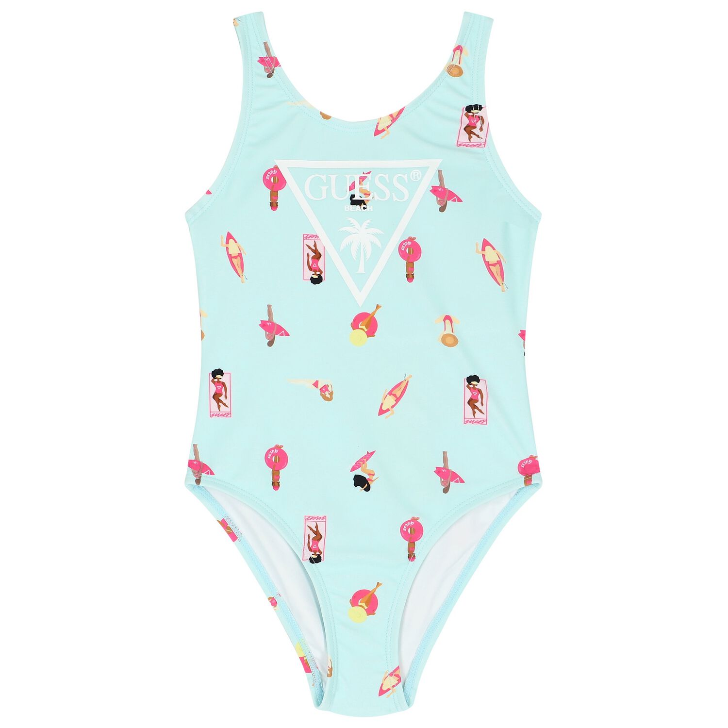 Girls Aqua Printed Logo Swimsuit, 1, hi-res
