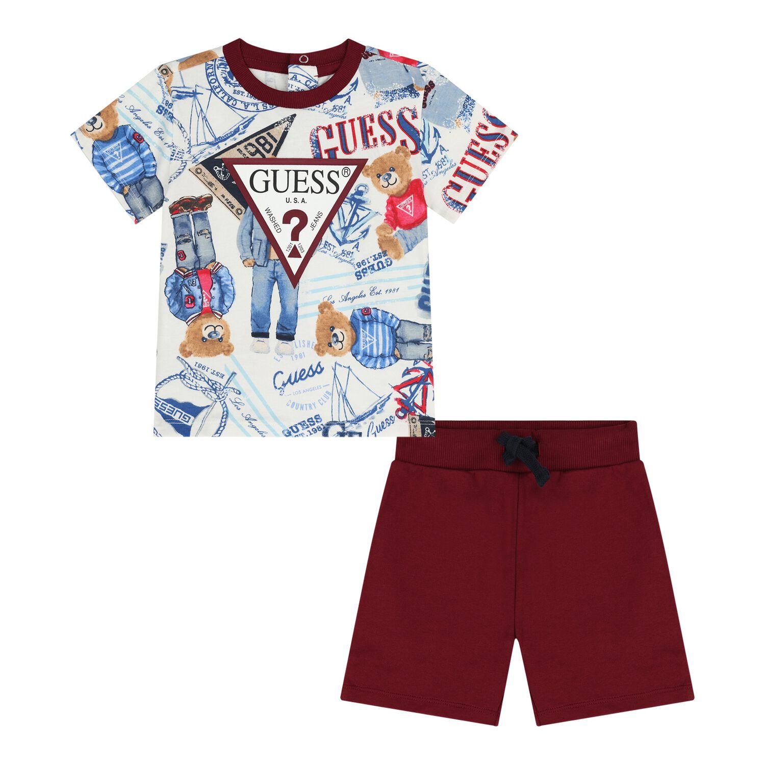 Baby Boys White & Burgundy Logo Shorts Set, 2, hi-res