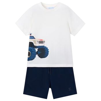 Boys White & Navy Blue Shorts Set