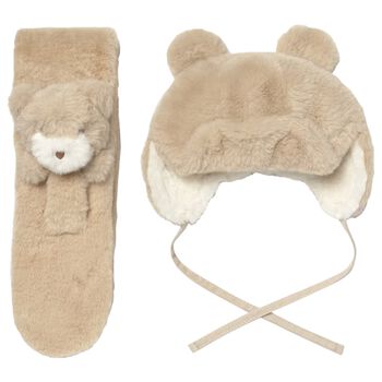Younger Girls Beige Faux Fur Bear Hat & Scarf Set 