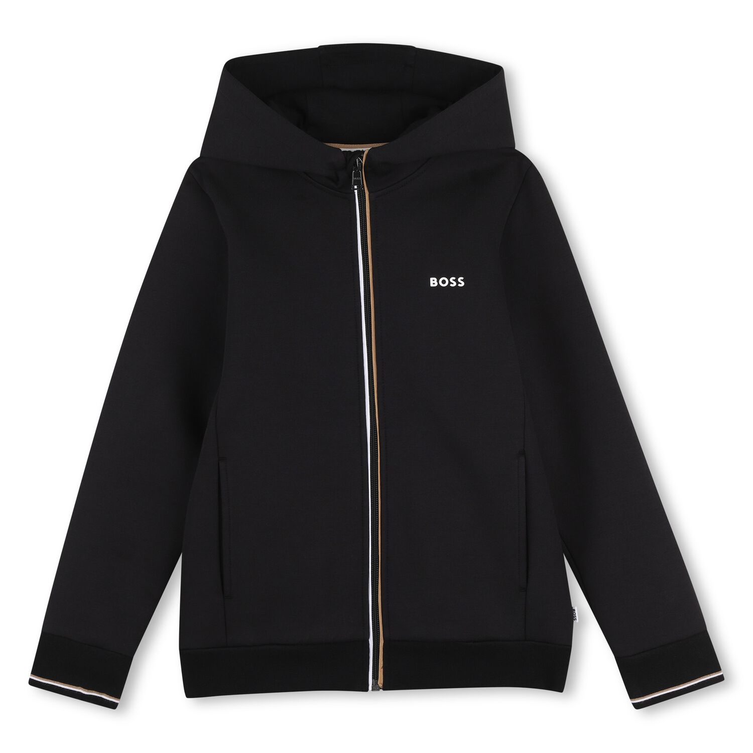 Boys Mini Me Black Logo Hooded Zip Up Top, 1, hi-res