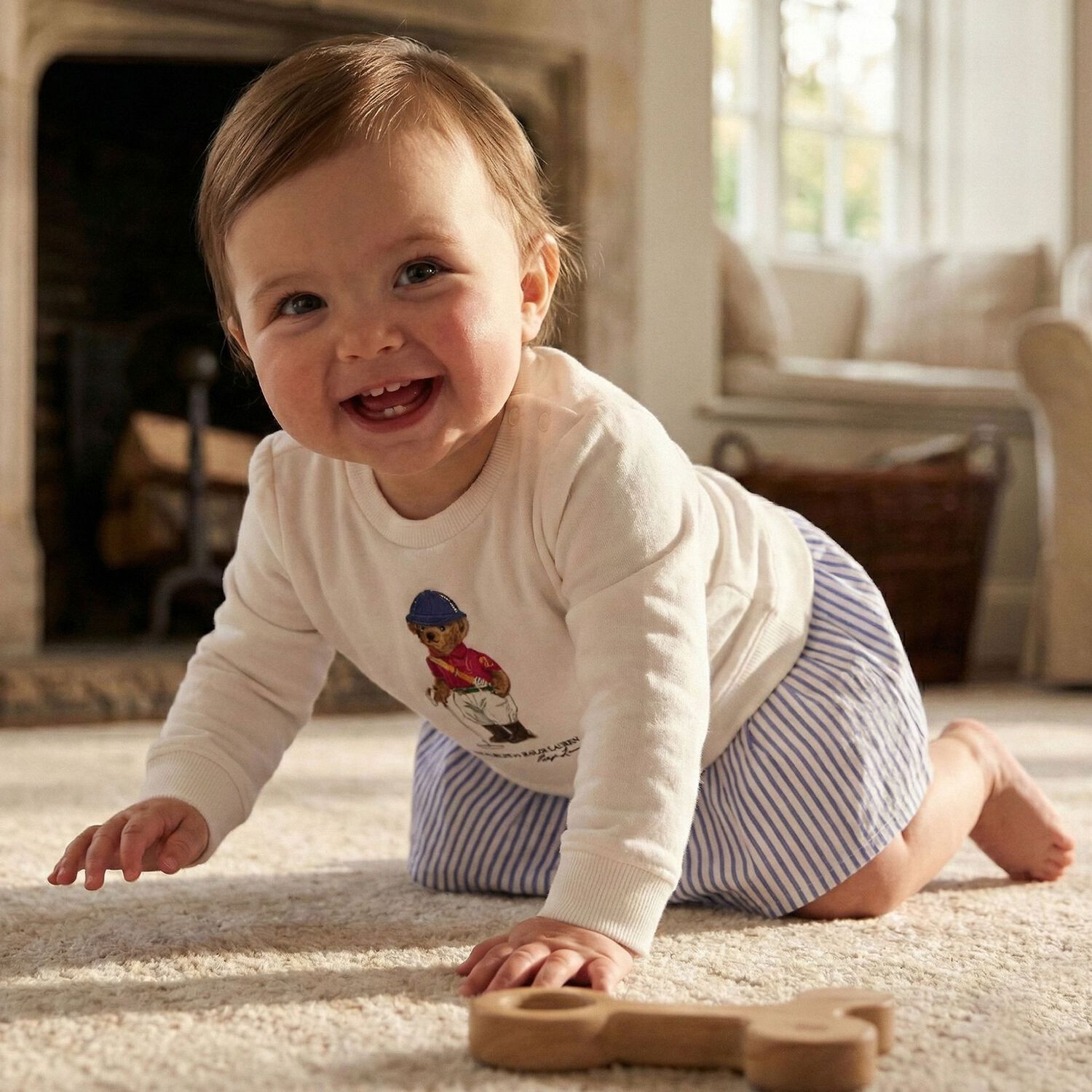 Baby Girls White Polo Bear Dress Set, 1, hi-res