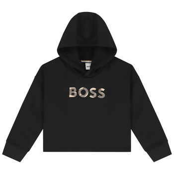 Girls Black Logo Crop Hooded Top