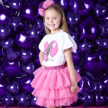 Girls White & Pink Heart Tulle Skirt Set