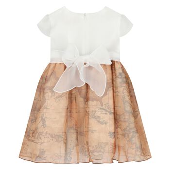 Younger Girls White & Beige Geo Map Dress