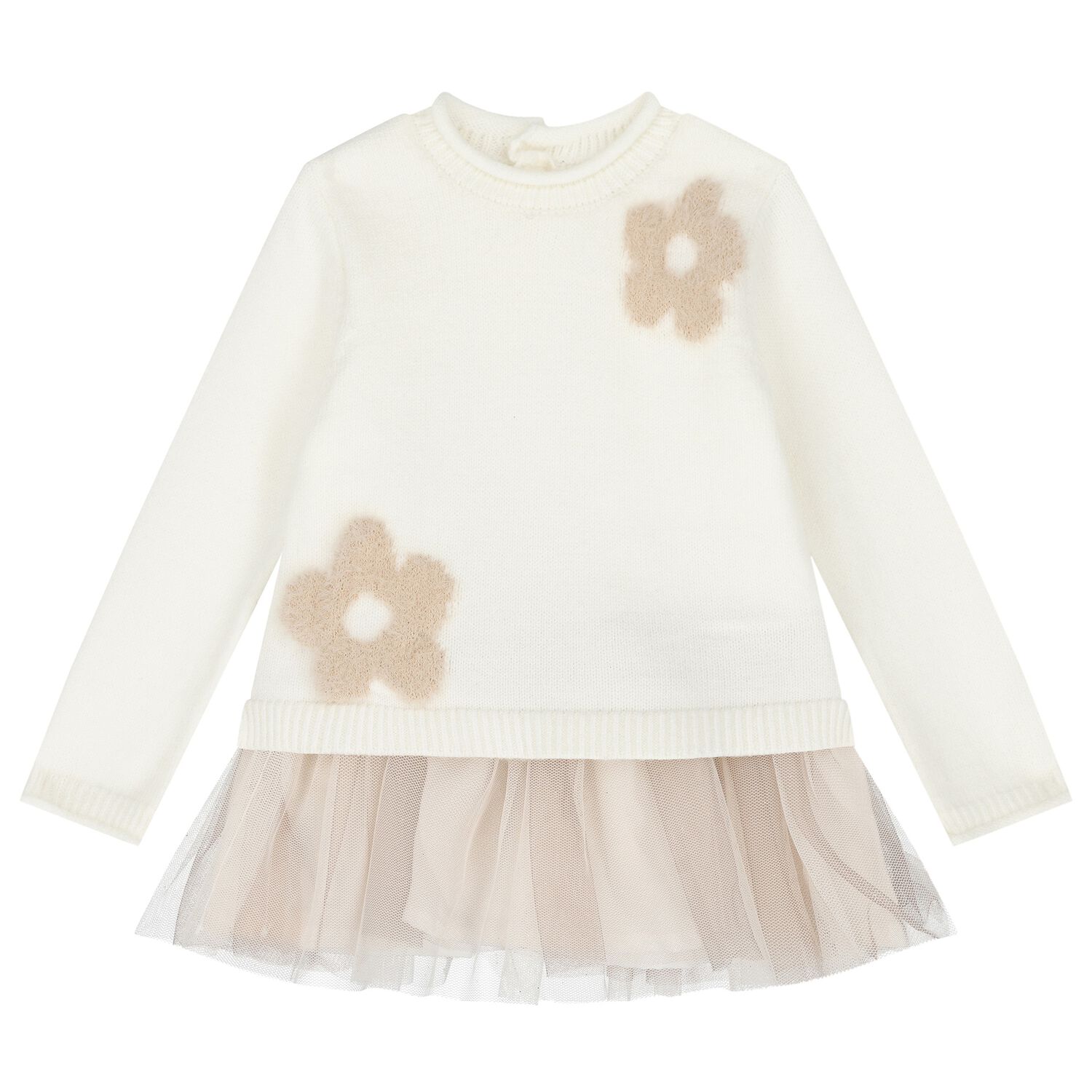 Baby Girls Ivory & Beige Knit & Tulle Flower Dress, 1, hi-res