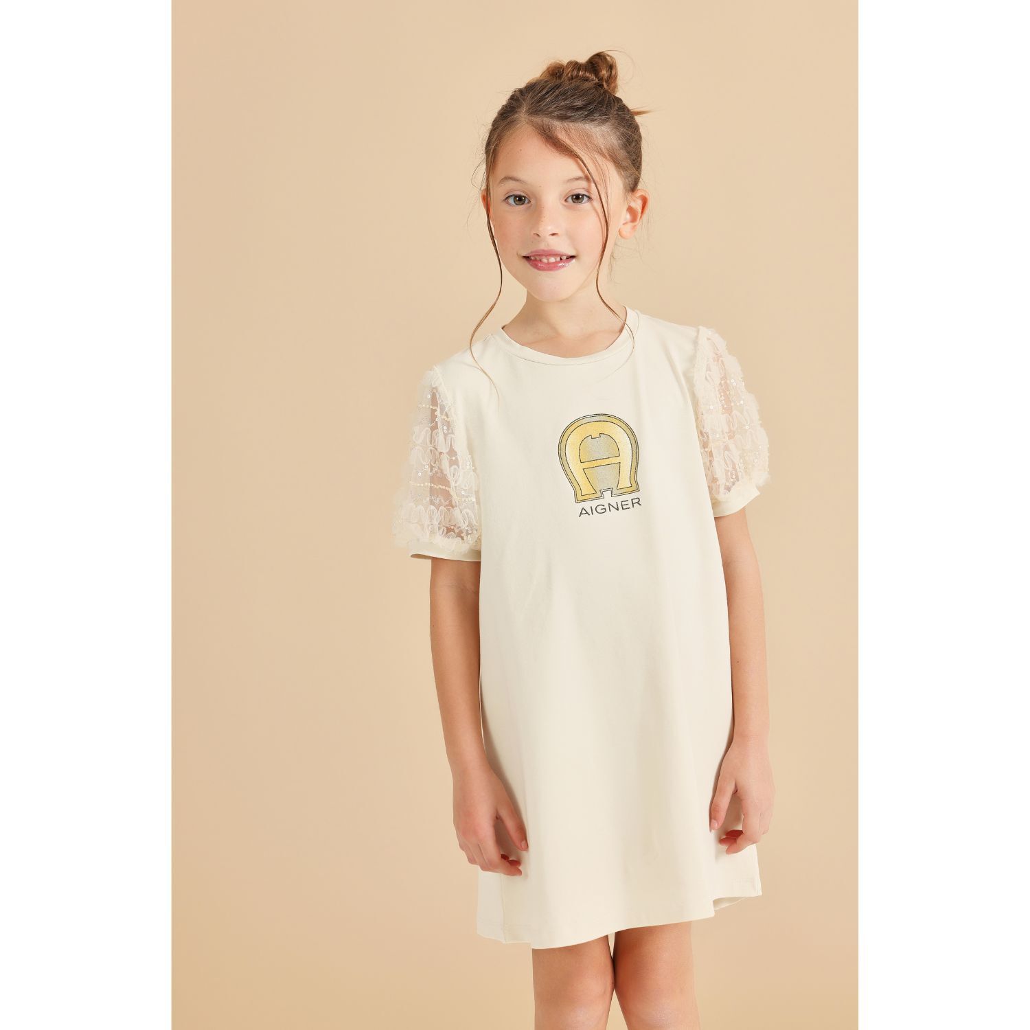 Younger Girls Beige Logo Dress, 1, hi-res