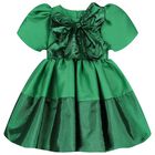 Girls Green Bow Pleated Twill Dress, 1, hi-res