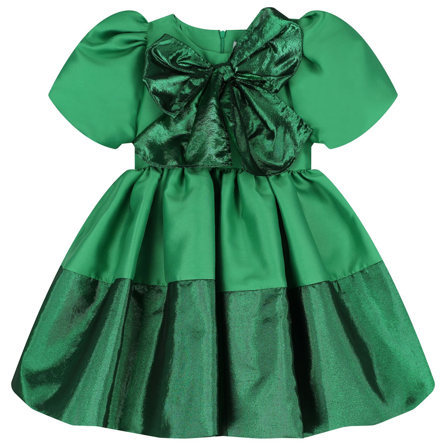Girls Green Bow Pleated Twill Dress, 1, hi-res image number null