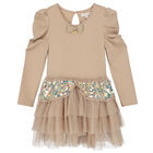 Girls Beige Embellished Tulle Dress, 2, hi-res