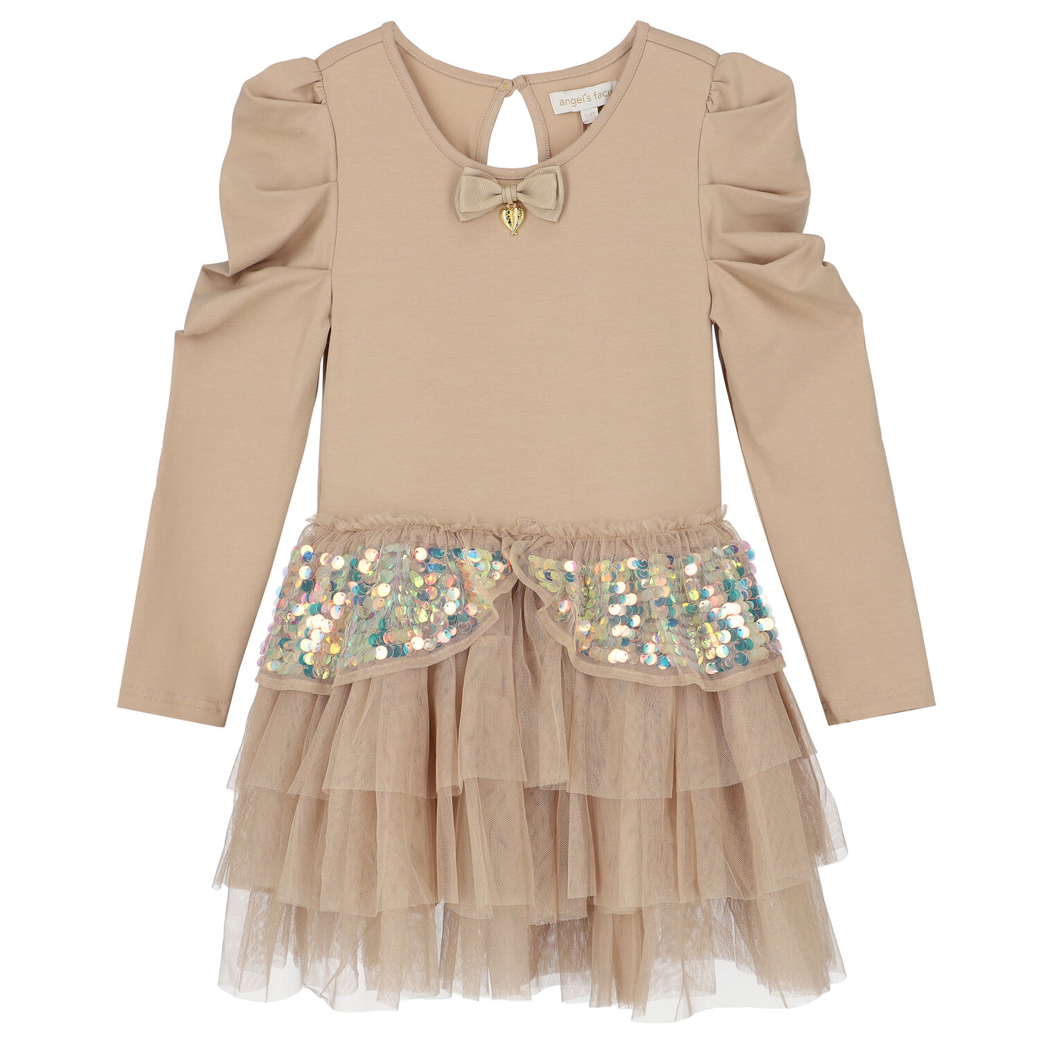Girls Beige Embellished Tulle Dress, 2, hi-res image number null