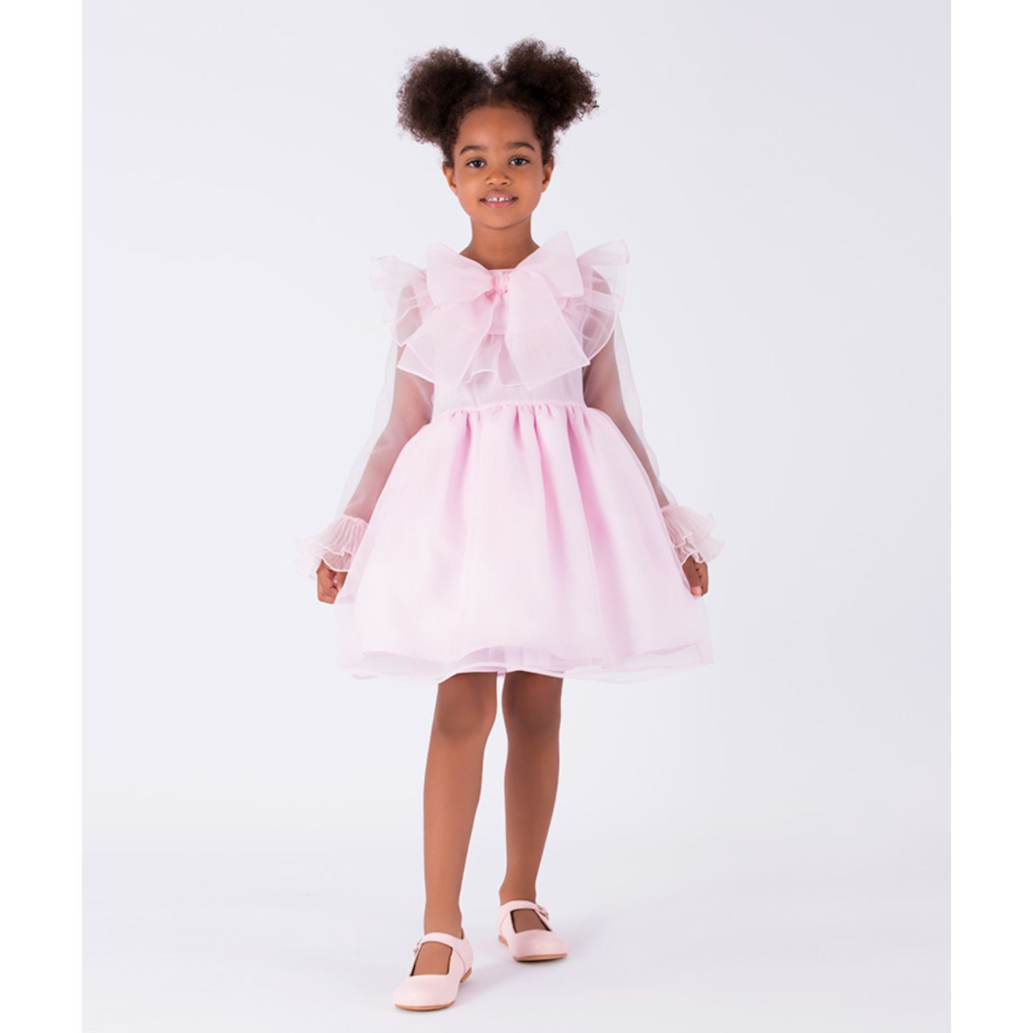 Girls Pink Organza Bow & Ruffle Dress, 1, hi-res image number null