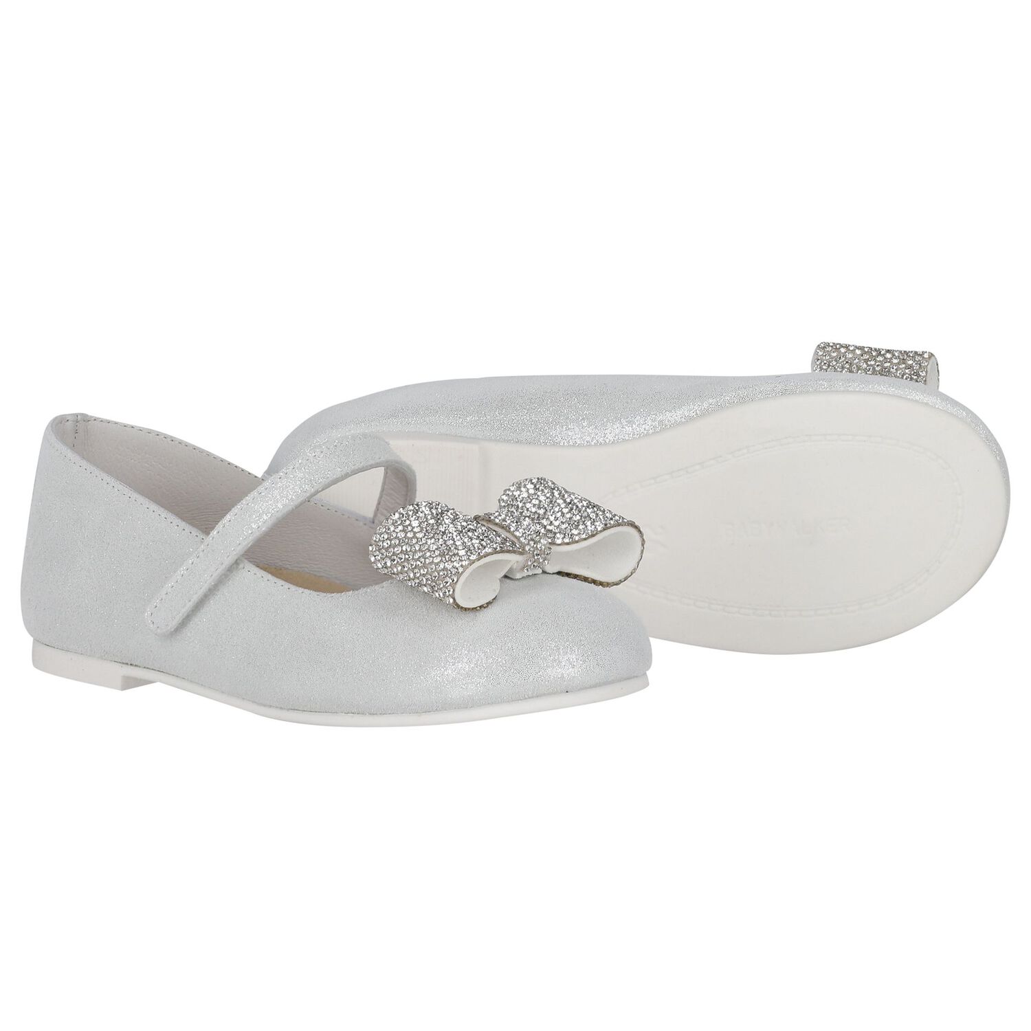Girls Silver Embellished Bow Shoes, 1, hi-res