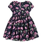 Girls Navy Blue & Pink Floral Satin Dress, 2, hi-res