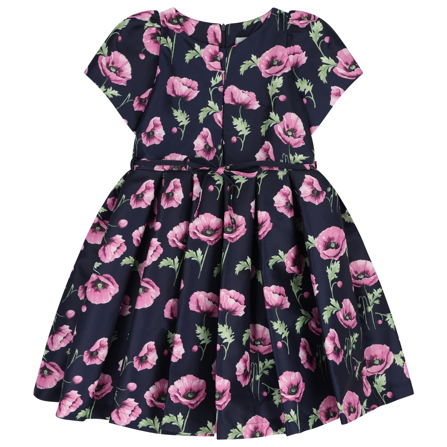 Girls Navy Blue & Pink Floral Satin Dress, 2, hi-res image number null