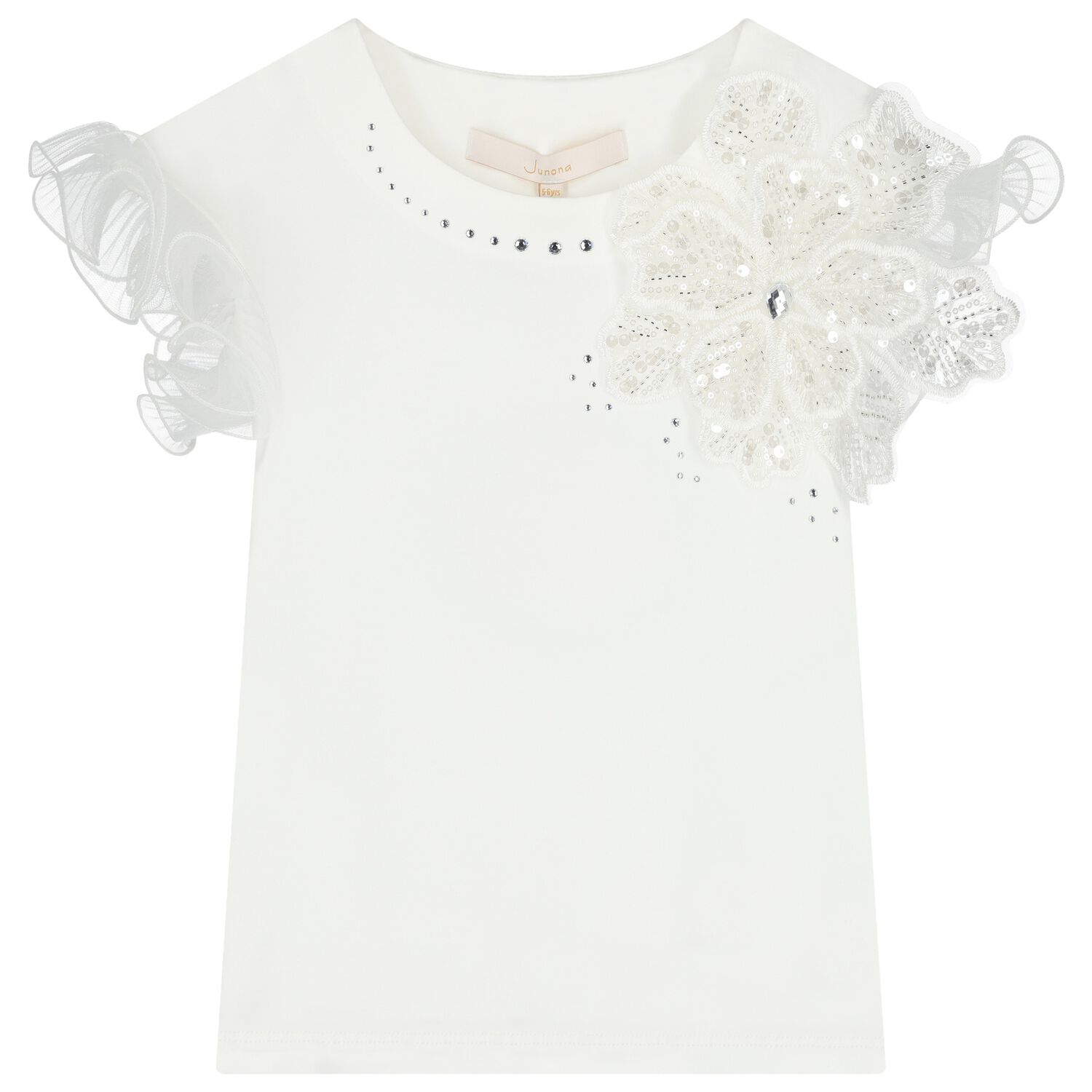 Girls White Sequin Flower Blouse, 1, hi-res