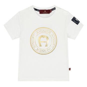 Younger Boys White & Gold Logo T-Shirt