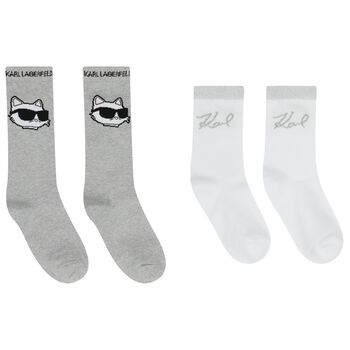 Girls Grey & White Choupette & Logo Socks ( 2 Pack )