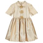 Girls Gold Flower Satin Twill Dress, 1, hi-res