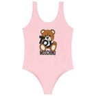 Girls Pink Teddy Bear Logo Swimsuit, 1, hi-res