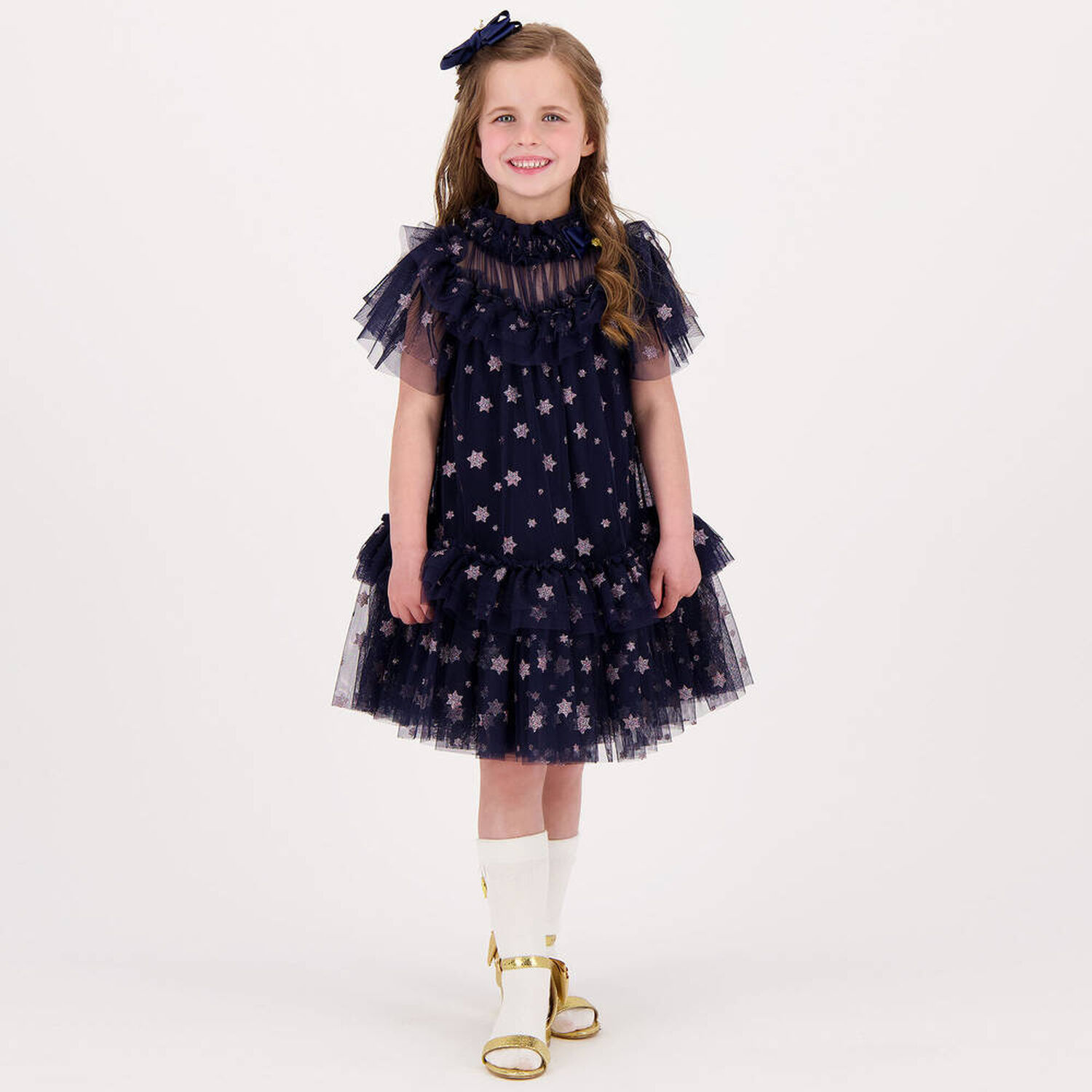 Girls Navy Blue Star Tulle Dress, 1, hi-res