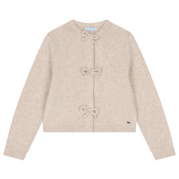 Girls Beige Bow Knitted Cardigan 