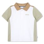 Younger Boys White, Green & Beige Logo Polo Shirt, 1, hi-res