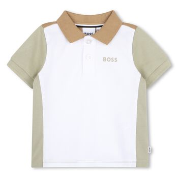 Younger Boys White, Green & Beige Logo Polo Shirt