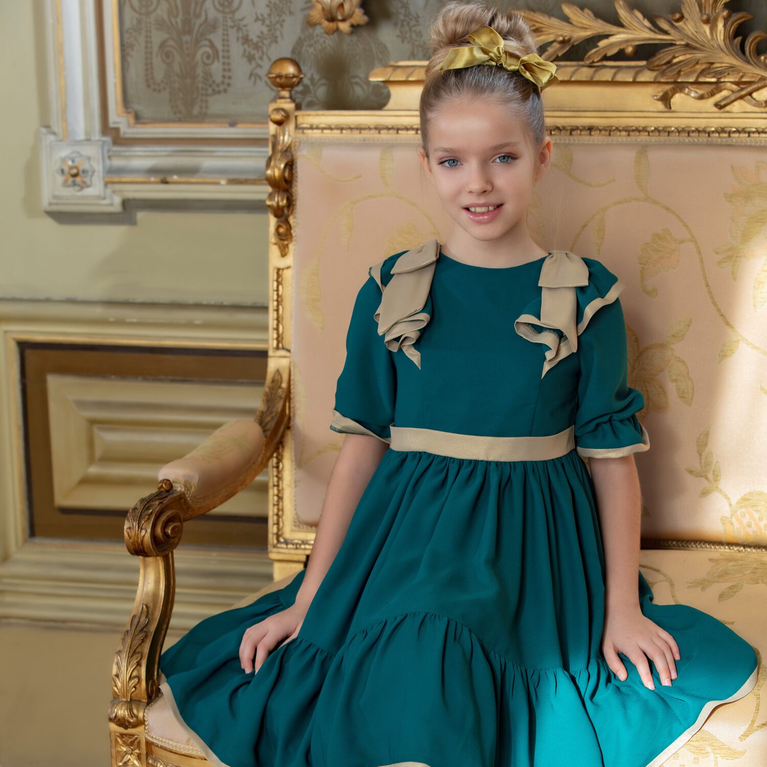 Girls Green & Gold Bow Chiffon Dress, 1, hi-res image number null