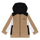 Younger Boys Beige, White & Black Hooded Zip Up Top, 1, hi-res