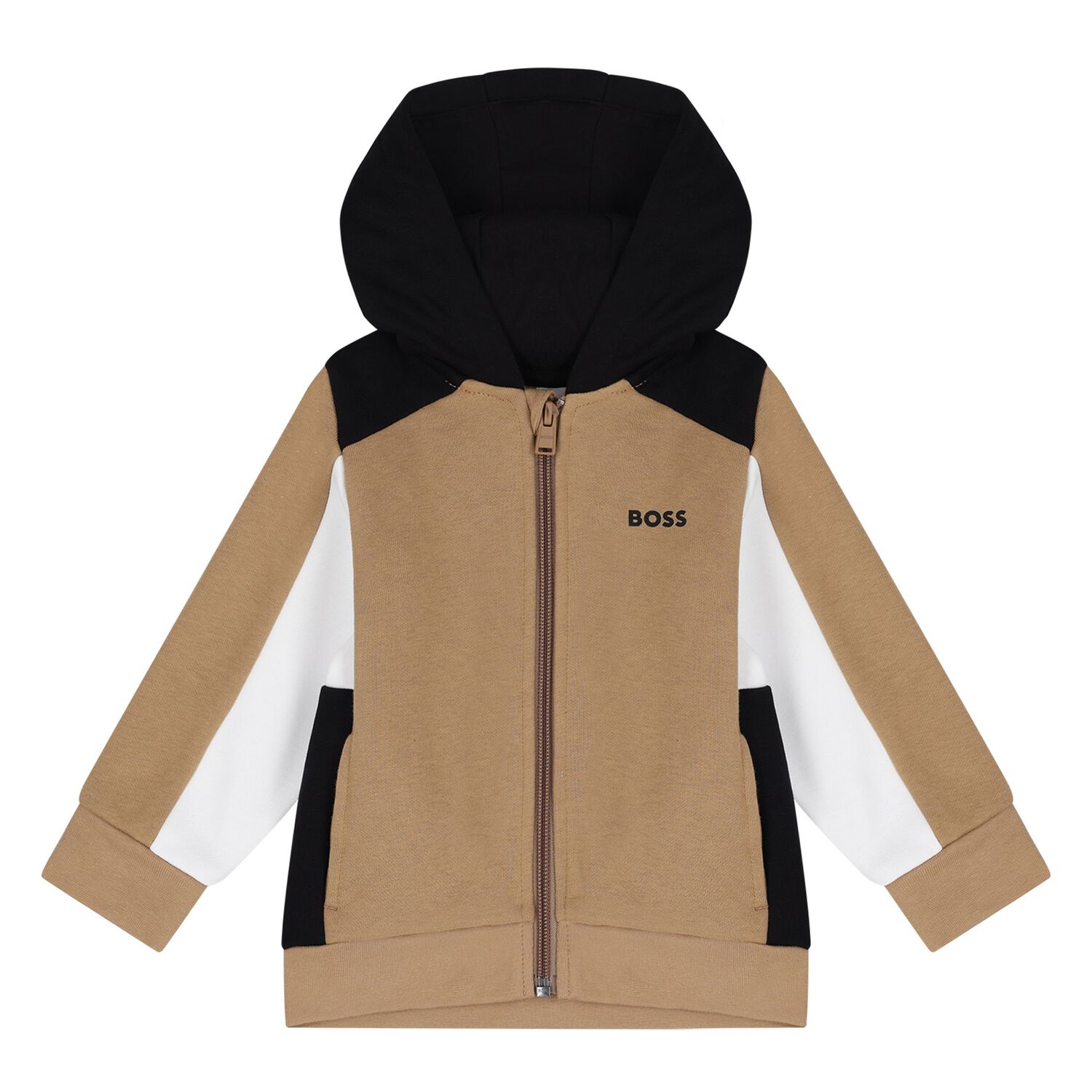 Younger Boys Beige, White & Black Hooded Zip Up Top, 1, hi-res