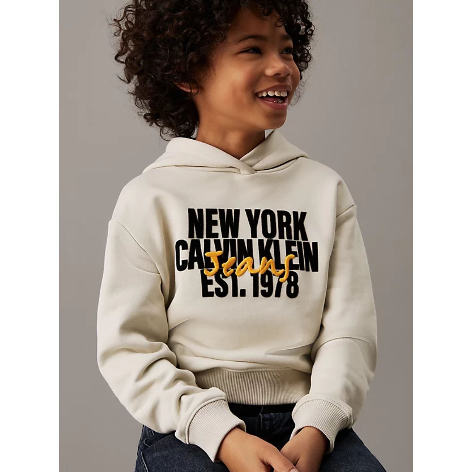 Boys Beige Logo Hooded Top, 1, hi-res