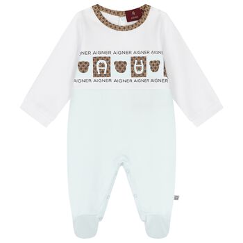 Baby Boys White & Blue Logo Babygrow