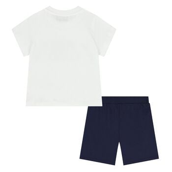 Younger White & Navy Blue Teddy Bear Shorts Set